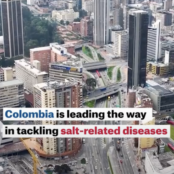 Colombia cityscape with the words "Colombia is leading the way in tackling salt-related diseases"